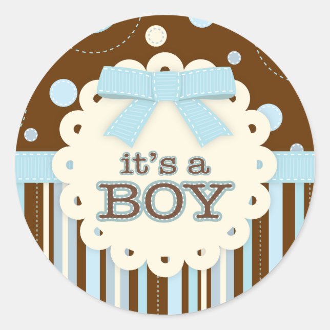 Pegatina Redonda Es un niño todo en Baby Shower azul (Anverso)