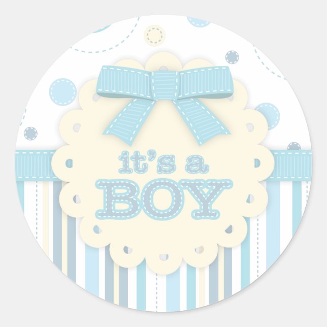 Pegatina Redonda Es un niño todo en Baby Shower azul (Anverso)