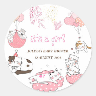 Pegatina Redonda Es una ducha de bebé chica con gatos
