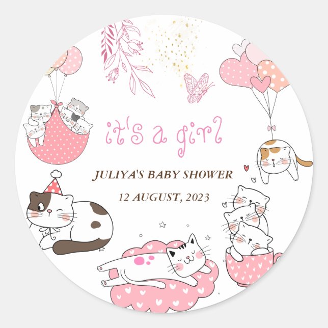 Pegatina Redonda Es una ducha de bebé chica con gatos (Anverso)