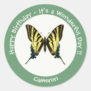 Pegatina Redonda Es una escarpada fiesta de cumpleaños de mariposas