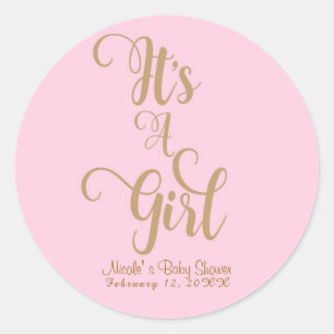 Pegatina Redonda Es una niña Baby Shower Rosa & Oro Favor Personali