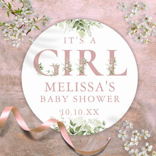 Pegatina Redonda Es una niña Dusty Rose Pink Greenery Baby Shower