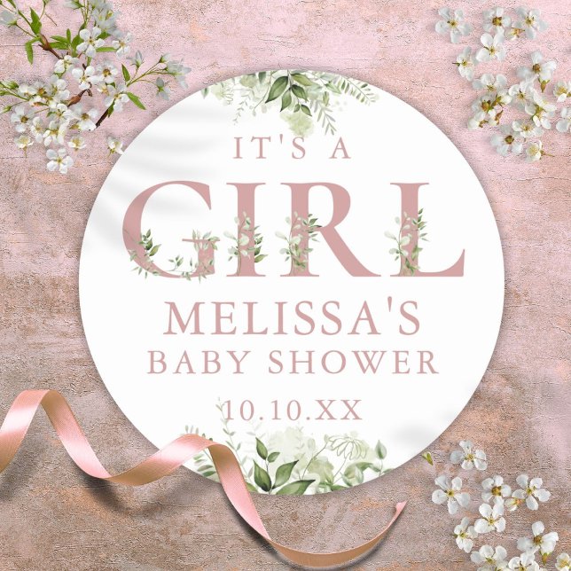 Pegatina Redonda Es una niña Dusty Rose Pink Greenery Baby Shower (Its A Girl Dusty Rose Pink Greenery Baby Shower Classic Round Sticker)