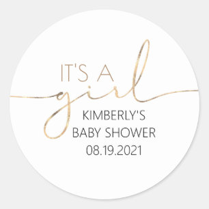 Pegatina Redonda Es una ronda clásica de Baby Shower Gold Script Ch