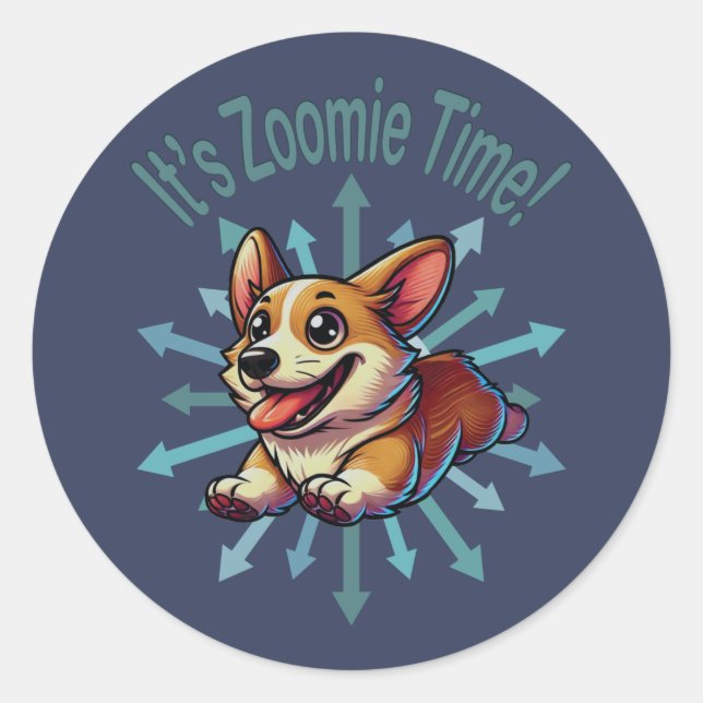 Pegatina Redonda Es Zoomie Time Corgi (Anverso)