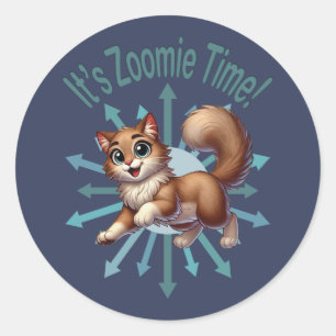 Pegatina Redonda Es Zoomie Time Cute Brown & White Cat
