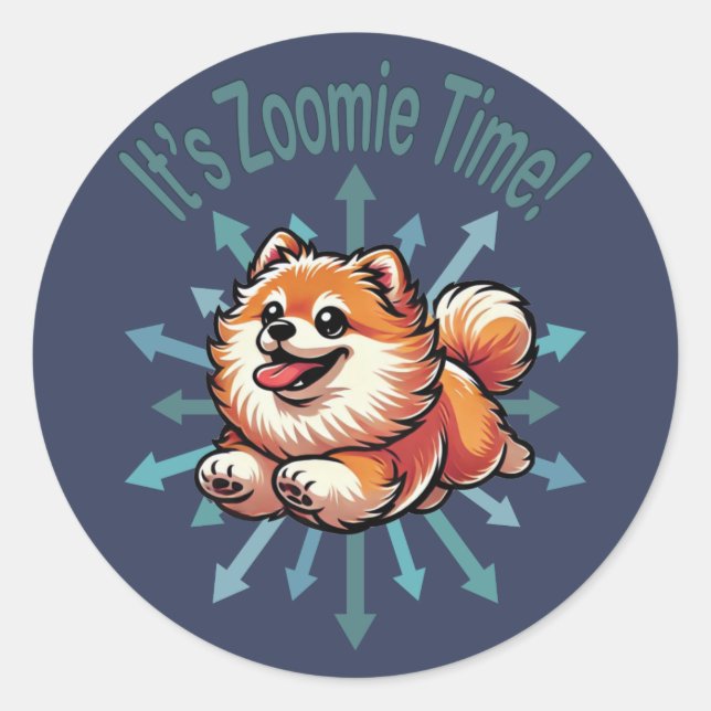 Pegatina Redonda Es Zoomie Time Pomeranian (Anverso)