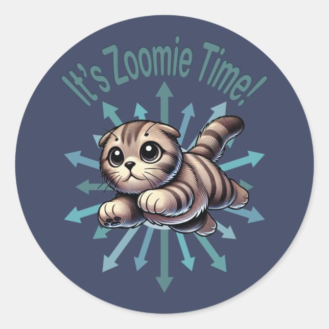 Pegatina Redonda Es Zoomie Time Scottish Fold Cat (Anverso)