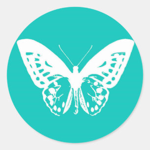 Pegatina Redonda Esbozo de mariposa, turquesa y blanco