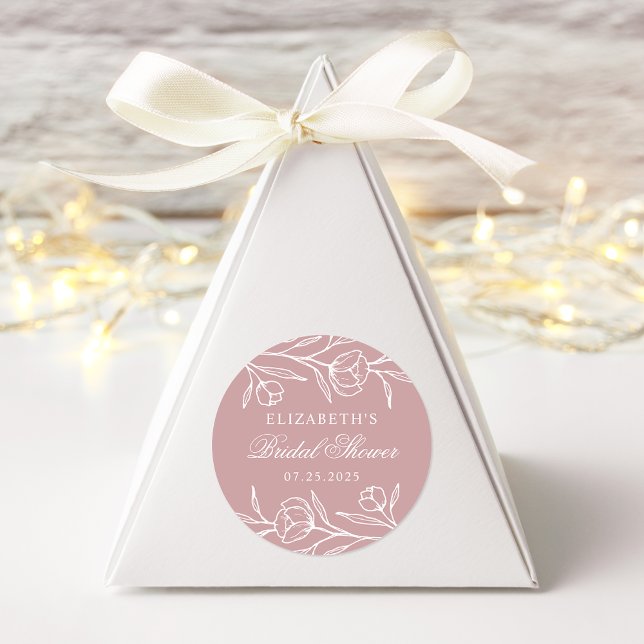 Pegatina Redonda Esbozo Floral Dusty Rosa Bridal Shower (Subido por el creador)