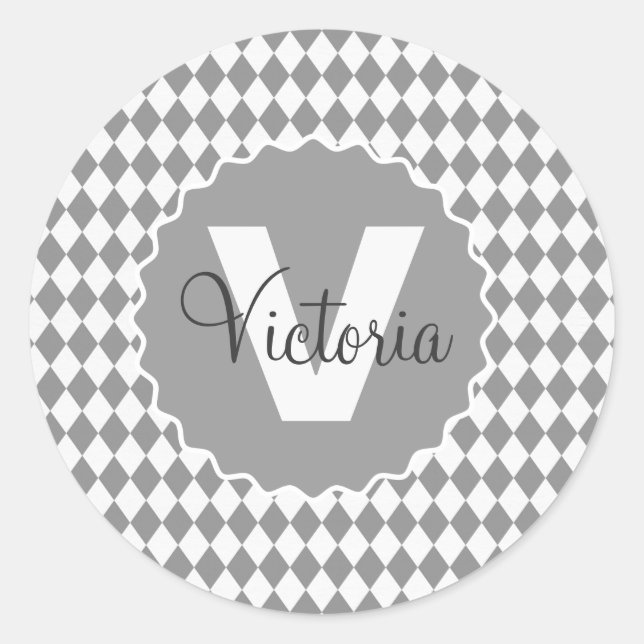 Pegatina Redonda Escala de grises de tablero de ajedrez con nombre  (Anverso)