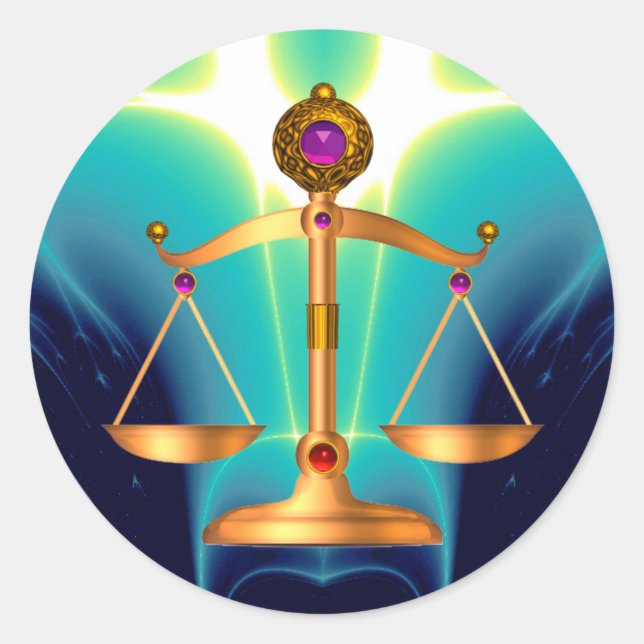 PEGATINA REDONDA ESCALAS DE ORO DE LA LEY CON PIEDRAS DE GIMNASIO,  (Anverso)