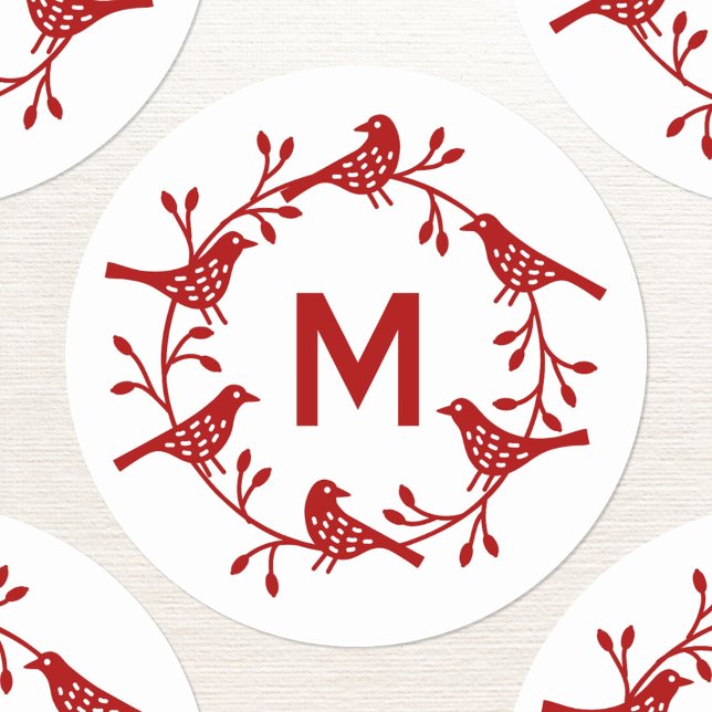 Pegatina Redonda Escándalo de flor inicial de pájaro monograma (Monogram initial Scandinavian bird wreath personalized stickers)