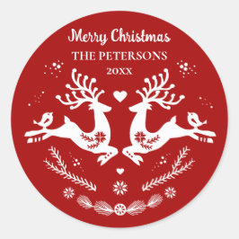 Pegatina Redonda Escándalo festivo lindo Navidad blanco rojo venado