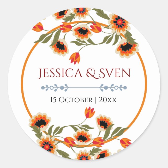 Pegatina Redonda Escándalo floral rústico Boda de inspiración folcl (Anverso)