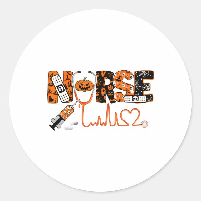 Pegatina Redonda Escandalosa enfermera Calabaza Halloween disfraces (Anverso)