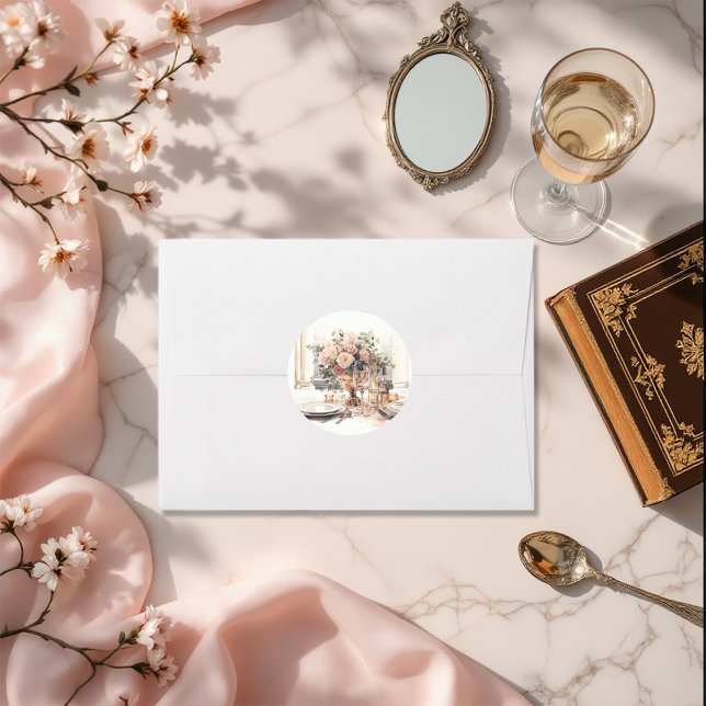 Pegatina Redonda Escaparate de Boda Romántico con Dinero Antiguo y  (Elegant Old Money Romantic Tablescape Wedding Classic Round Sticker)