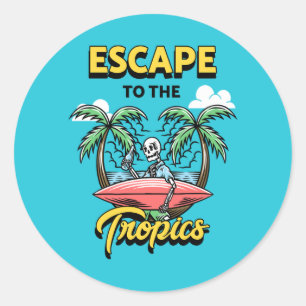 Pegatina Redonda Escape al Skeleton Surf Tropical
