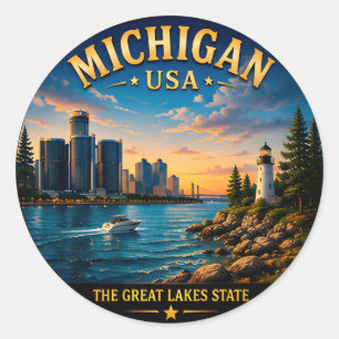 Pegatina Redonda Escape Escénico de los Grandes Lagos de Michigan �