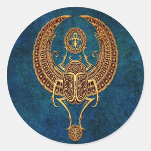 Pegatina Redonda Escarabajo egipcio con alas con Ankh - azul del