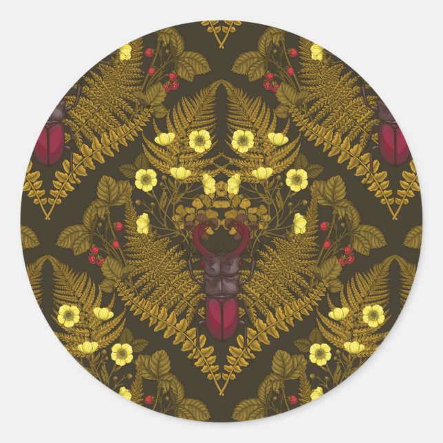 Pegatina Redonda Escarabajos Stag y helechos (Anverso)