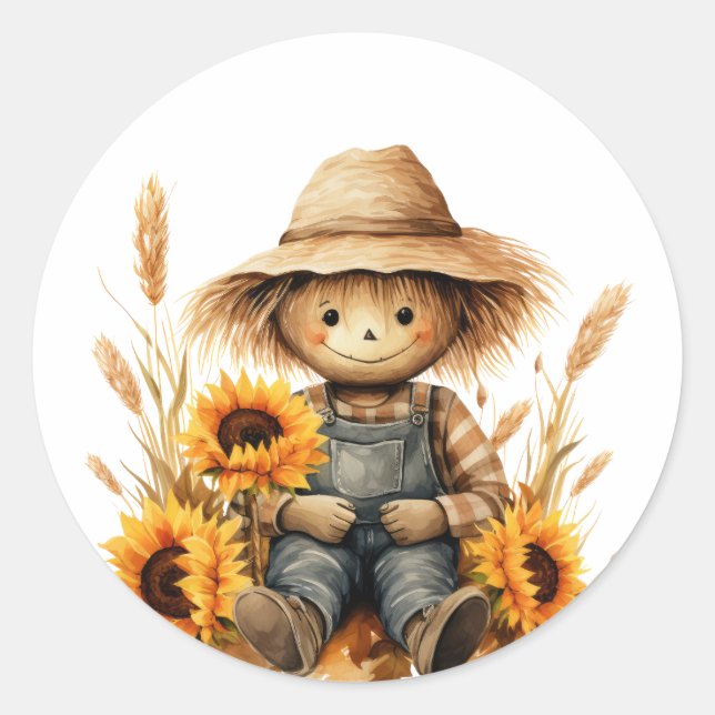 Pegatina Redonda Escarecrow con girasol (Anverso)
