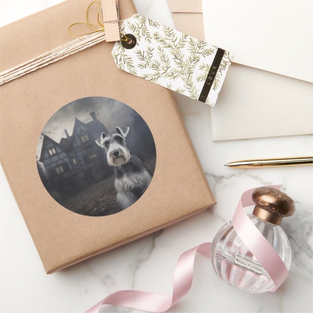 Pegatina Redonda Escarnio de Schnauzer Halloween en miniatura (Regalar)