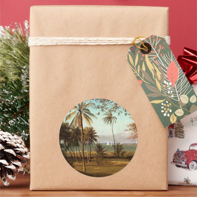 Pegatina Redonda Escena de Florida, pintura artística fina, (Vacaciones)