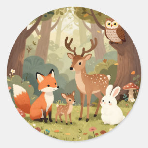Pegatina Redonda Escena de guardería de animales del bosque adorabl