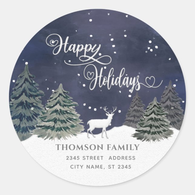 Pegatina Redonda Escena de invierno de acuarela moderna Felices vac (Anverso)