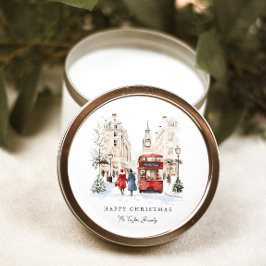 Pegatina Redonda Escena de la ciudad acuarela de los Navidades de L