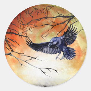 Pegatina Redonda Escena de la luna del Gótico de Halloween Raven Cr