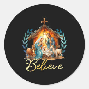 Pegatina Redonda Escena de la Natividad Cree Navidad Cristiana Fami
