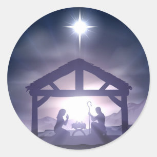Pegatina Redonda Escena de la natividad del pesebre del navidad