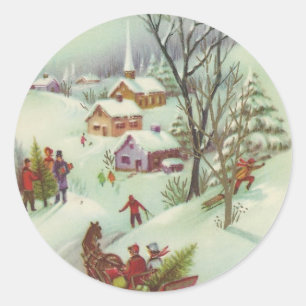 Pegatina Redonda Escena de la nieve del navidad del vintage