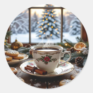 Pegatina Redonda Escena de la ventana de invierno de Café y Cookies