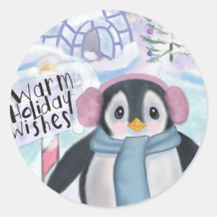 Pegatina Redonda Escena de las luces del norte del pingüino e igloo