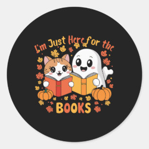 Pegatina Redonda Escena De Libros De Halloween De Lectura De Gato Y