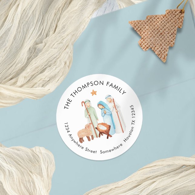 Pegatina Redonda Escena De Natividad Con Dirección De Nombre De Dev (Mary Joseph Baby jesus and Shepherd Return Name Address Sticker sheet)