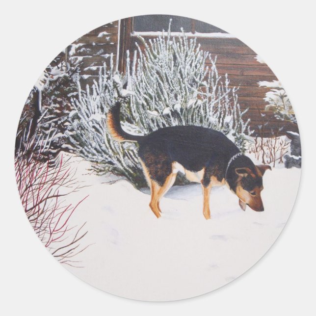 Pegatina Redonda Escena de nieve de invierno con perro negro lindo  (Anverso)
