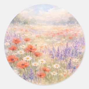 Pegatina Redonda Escena de pradera de flores silvestres en acuarela