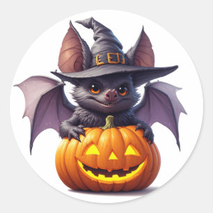 Pegatina Redonda Escena espeluznante de murciélago y calabaza de Ha