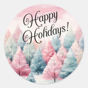 Pegatina Redonda Escena invernal de árboles de aves marinas y rosas