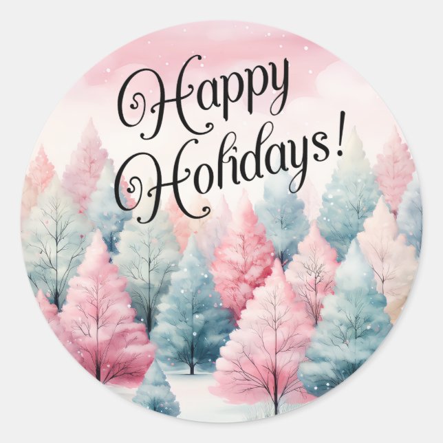 Pegatina Redonda Escena invernal de árboles de aves marinas y rosas (Anverso)