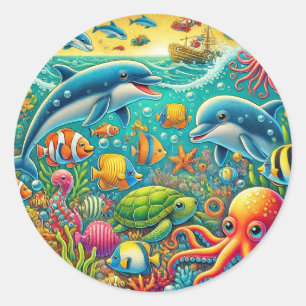 Pegatina Redonda Escena Marina Subacuática Colorida 🐚 Océano Vibra