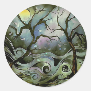 Pegatina Redonda escena nocturna de árbol pintura de arte en seda b