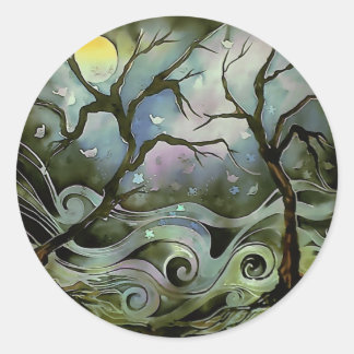Pegatina Redonda escena nocturna de árbol pintura de arte en seda b