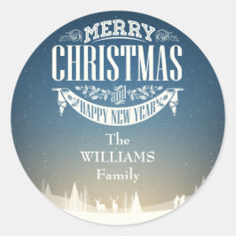 Pegatina Redonda Escena personalizada de nieve en invierno navideña