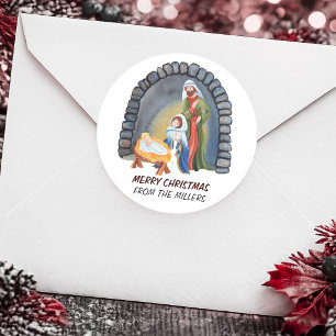 Pegatina Redonda Escena personalizada del Pesebre de la Natividad N